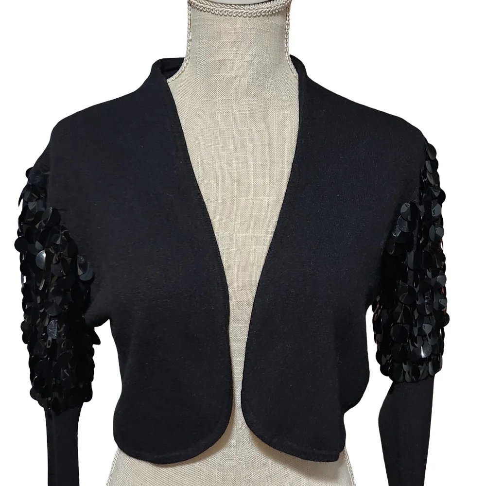 REISS Sequin Cardigan Womens Medium Black Bolero Evening Cashmere Wool Angora - Picture 3 of 12